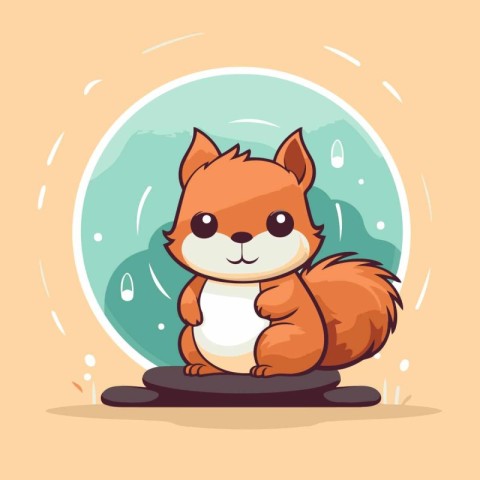 Cute cartoon squirrel sitting on a rock. Vector illustration in