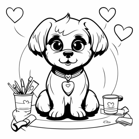 Black and White Cartoon Illustration of Cute Puppy Dog with Hear