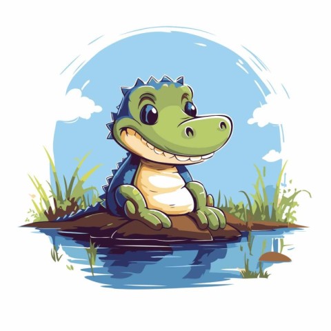 Cute crocodile sitting on the rock. Vector cartoon illustration.