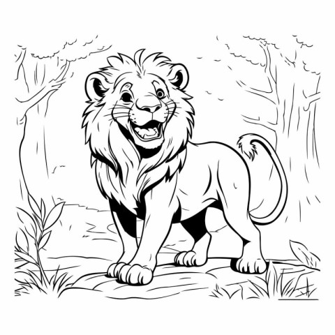 Lion in the jungle. Black and white vector illustration for colo