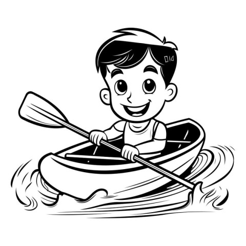 Cartoon boy rowing a kayak. Black and white vector illustration.