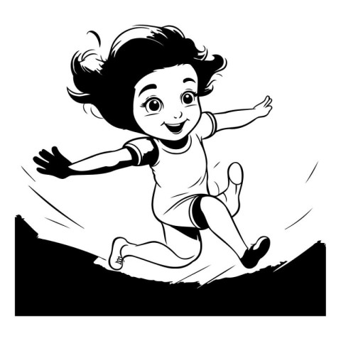 happy little girl running in the field. black and white vector i