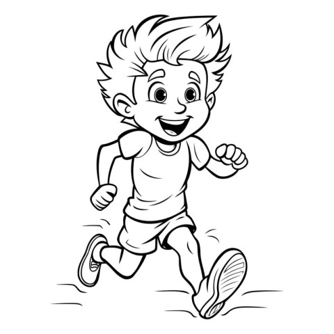 Running boy - Black and White Cartoon Illustration of a Kid Runn