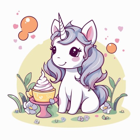 Cute cartoon unicorn with ice cream. Vector illustration for you