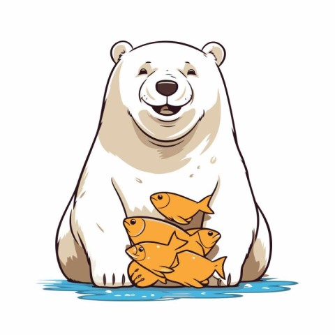 Illustration of a polar bear with fish on a white background.