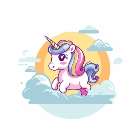 Cute cartoon unicorn with clouds and sun. Vector illustration in