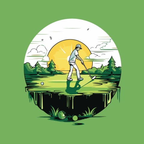 Golfer playing golf in the field. Vector illustration in retro s