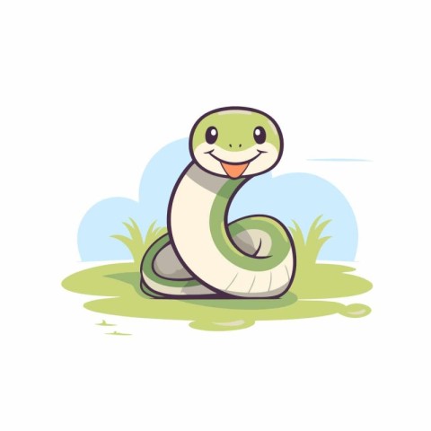 Cute cartoon snake on grass. Vector illustration isolated on whi