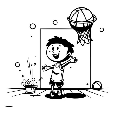 Cartoon boy playing basketball. Black and white vector illustrat