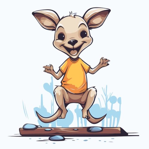 Cartoon kangaroo on a wooden bridge. Vector illustration.