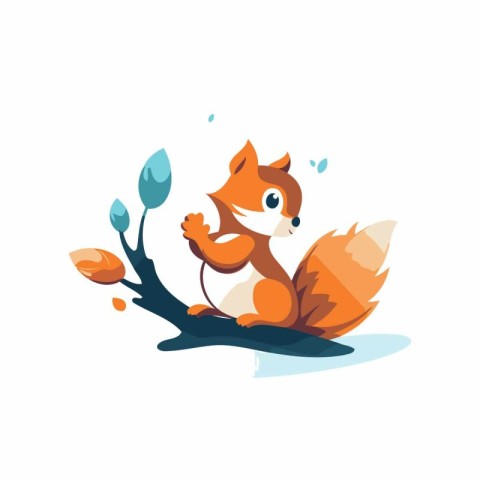 Cute squirrel sitting on a branch with leaves. Vector illustrati