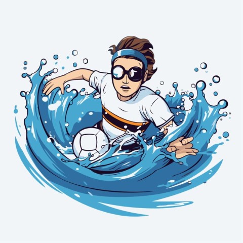 illustration of a boy playing soccer on the waves. Vector illust