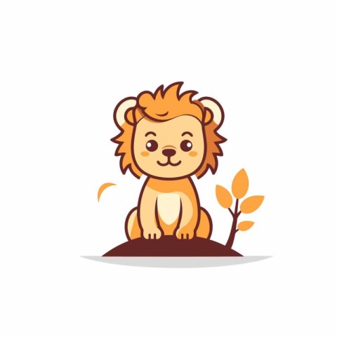 Cute cartoon lion sitting on the ground and smiling. Vector illu