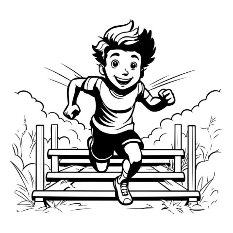 Boy running in the park - black and white vector illustration fo