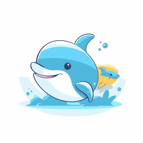 Cute cartoon dolphin swimming in the water. Vector flat illustra