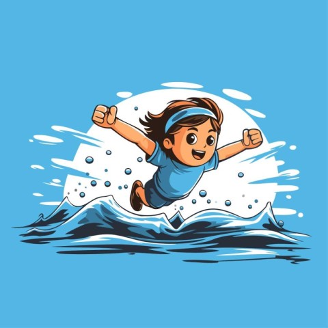 Little boy jumping off a wave. Vector illustration in cartoon st