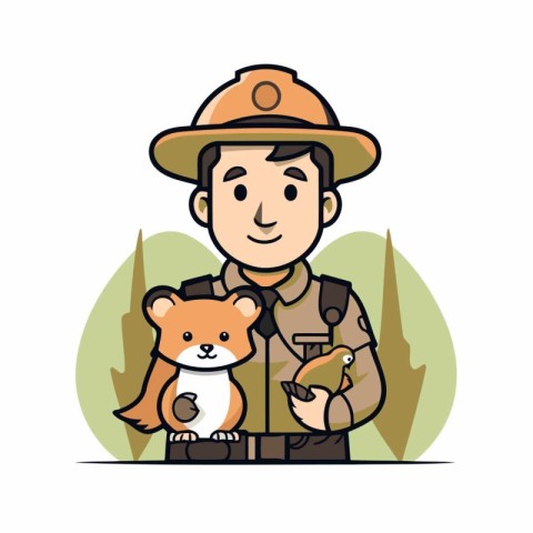 Animal safari hunter with a dog in his hand. Vector illustration