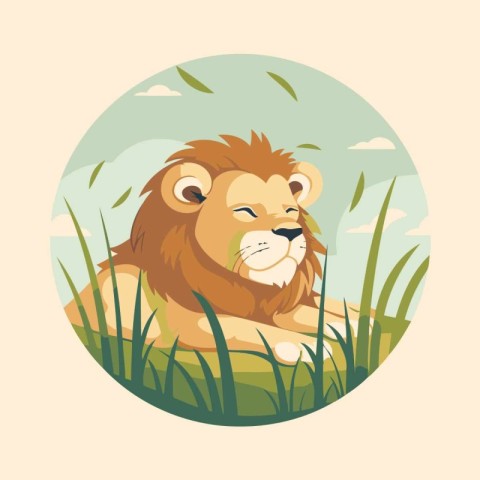 Lion in the meadow. Vector illustration in flat style.