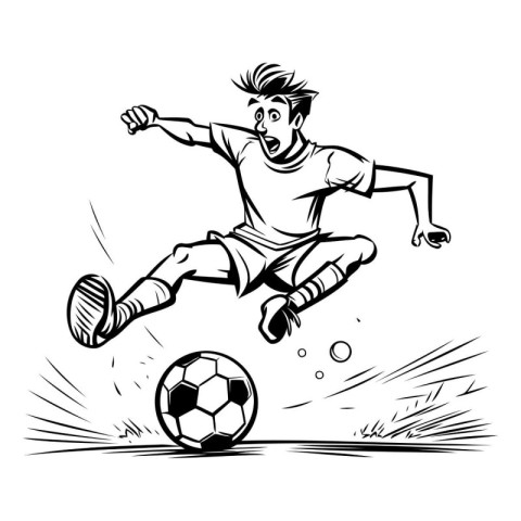 Soccer player kicking the ball. black and white vector illustrat