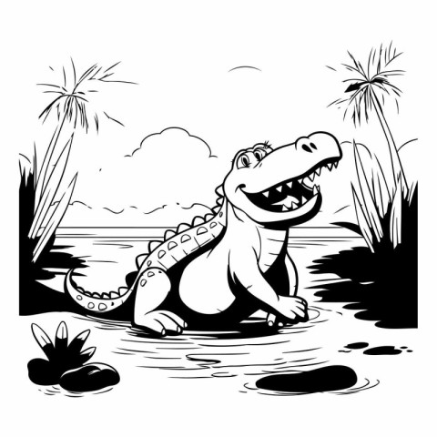 crocodile on the beach. vector illustration in black and white