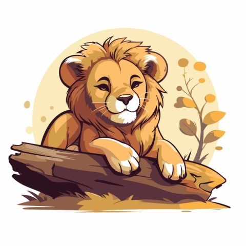 Lion lying on a log. Vector illustration in cartoon style.