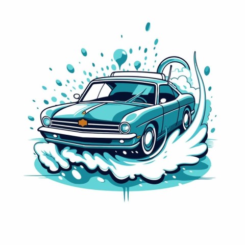 Retro car with splashing water. Vector illustration on white bac