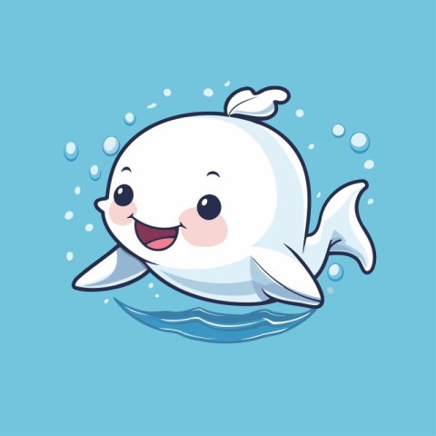 Cute cartoon white whale swimming in the sea. Vector illustratio