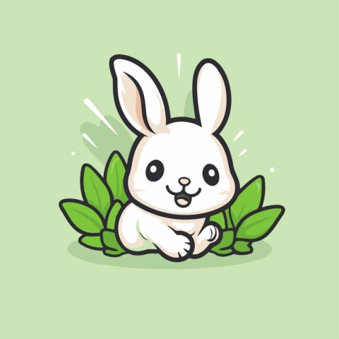 Cute bunny with green leaves. Vector flat cartoon character illu