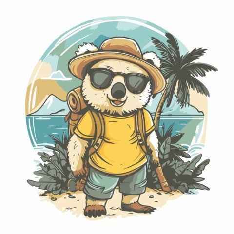 Illustration of a panda bear wearing a safari hat and sunglasses