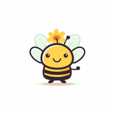 Cute cartoon bee with flower. Vector illustration isolated on wh