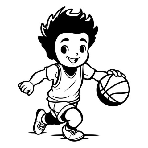 Illustration of a boy playing basketball on a white background.