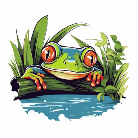 Frog on the log in the pond. Vector cartoon illustration.