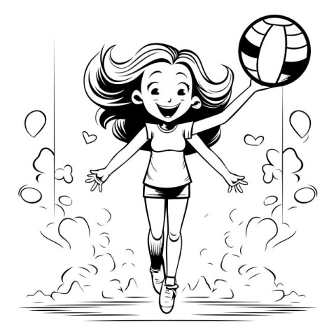 Girl playing volleyball. Black and white vector illustration for