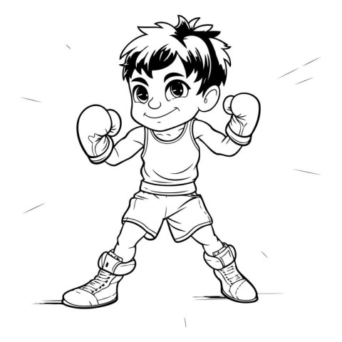 Boxing Boy - Black and White Cartoon Mascot Illustration