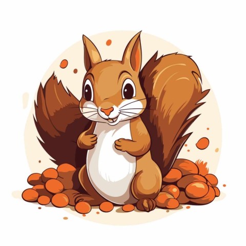 Squirrel sitting on a pile of nuts. Cartoon vector illustration.