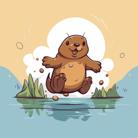 Cute cartoon beaver sitting on the river. Vector illustration.