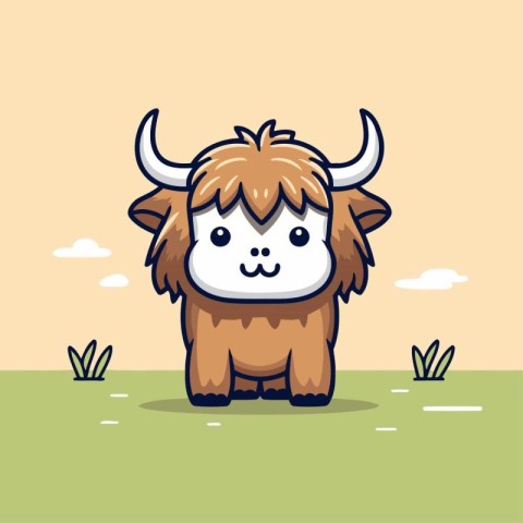 Cute yak standing on the grass. Vector illustration in cartoon s