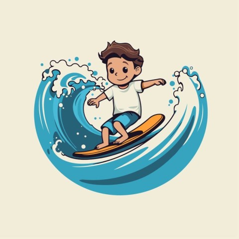 Surfer boy on a wave. Vector illustration of a cartoon character