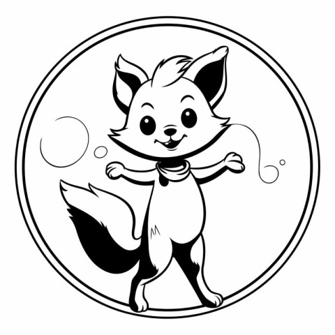 Black and white illustration of a cute cartoon fox in a circle.