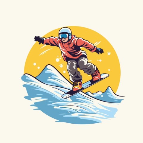 Snowboarder jumping on the wave. Vector illustration in retro st