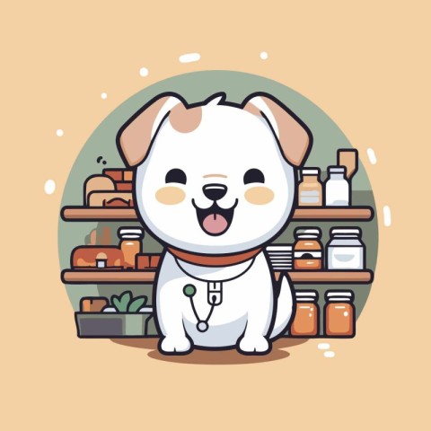 Cute dog cartoon in shop. Pet shop concept. Vector illustration