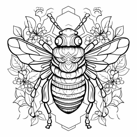 Honey bee. Black and white vector illustration for coloring book