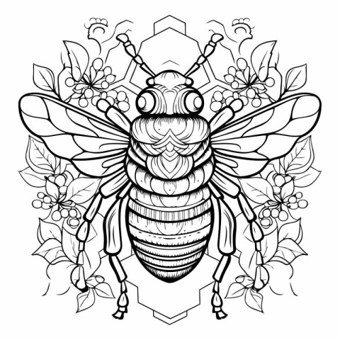 Honey bee. Black and white vector illustration for coloring book