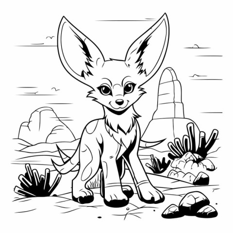 Cute cartoon fox sitting in the desert. Vector illustration for