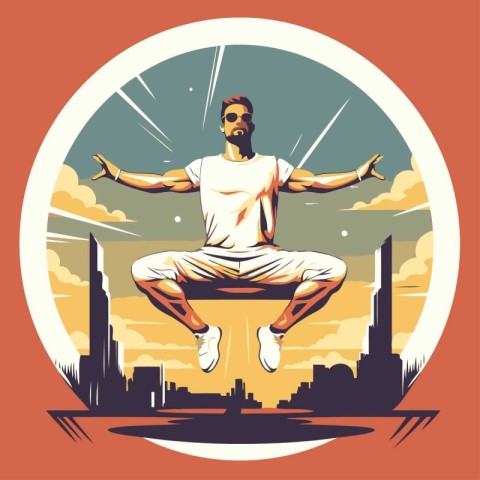 Vector illustration of a man practicing yoga in the city with su