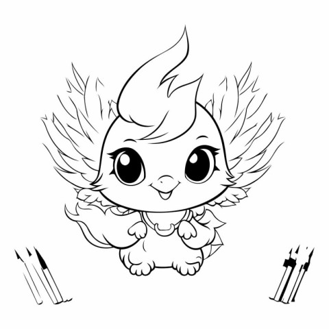 Cute cartoon owl with a pencils. Black and white vector illustra