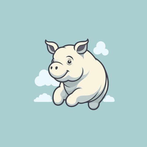 Illustration of a cute pig jumping on a blue background with clo