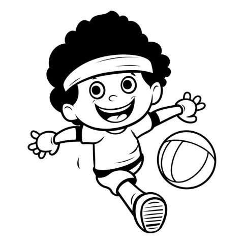 Black and White Cartoon Illustration of a Kid Playing Volleyball