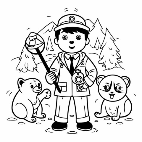 Coloring Page Outline Of cartoon firefighter with dog and bear.