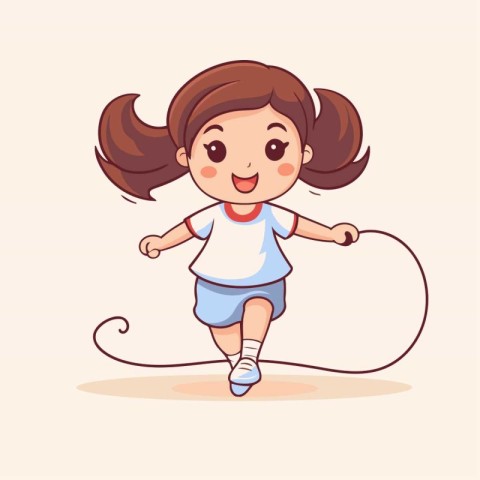 Cute little girl running with skipping rope. Vector cartoon illu